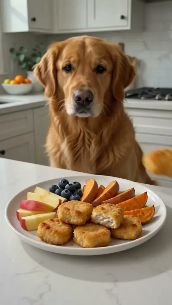 Dog enjoying a Chicken Nugget Happy Meal specially designed for pets