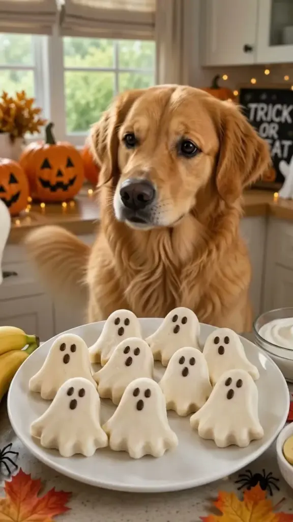 Delicious Ghost Banana Yogurt Pops served on sticks with spooky designs.