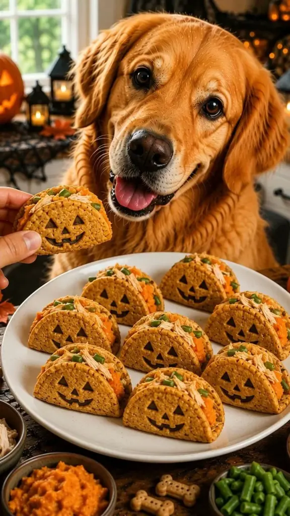 Jack-o'-Lantern Taco Pockets for dogs, a festive Halloween treat.