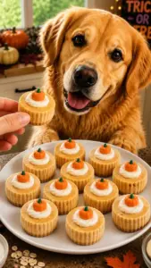 Pumpkin Cheesecake Dog Treats in a dog bowl garnished with pumpkin slices