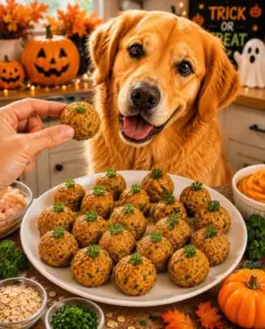 Homemade Pumpkin Chicken Meatballs cooked and served with a garnish on a platter.