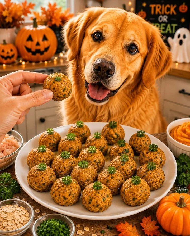 Homemade Pumpkin Chicken Meatballs cooked and served with a garnish on a platter.