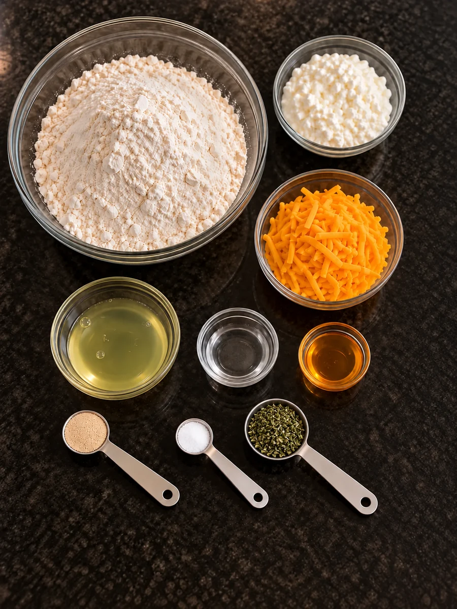 Ingredients for high-protein cottage cheese cheddar rosemary bagel bread