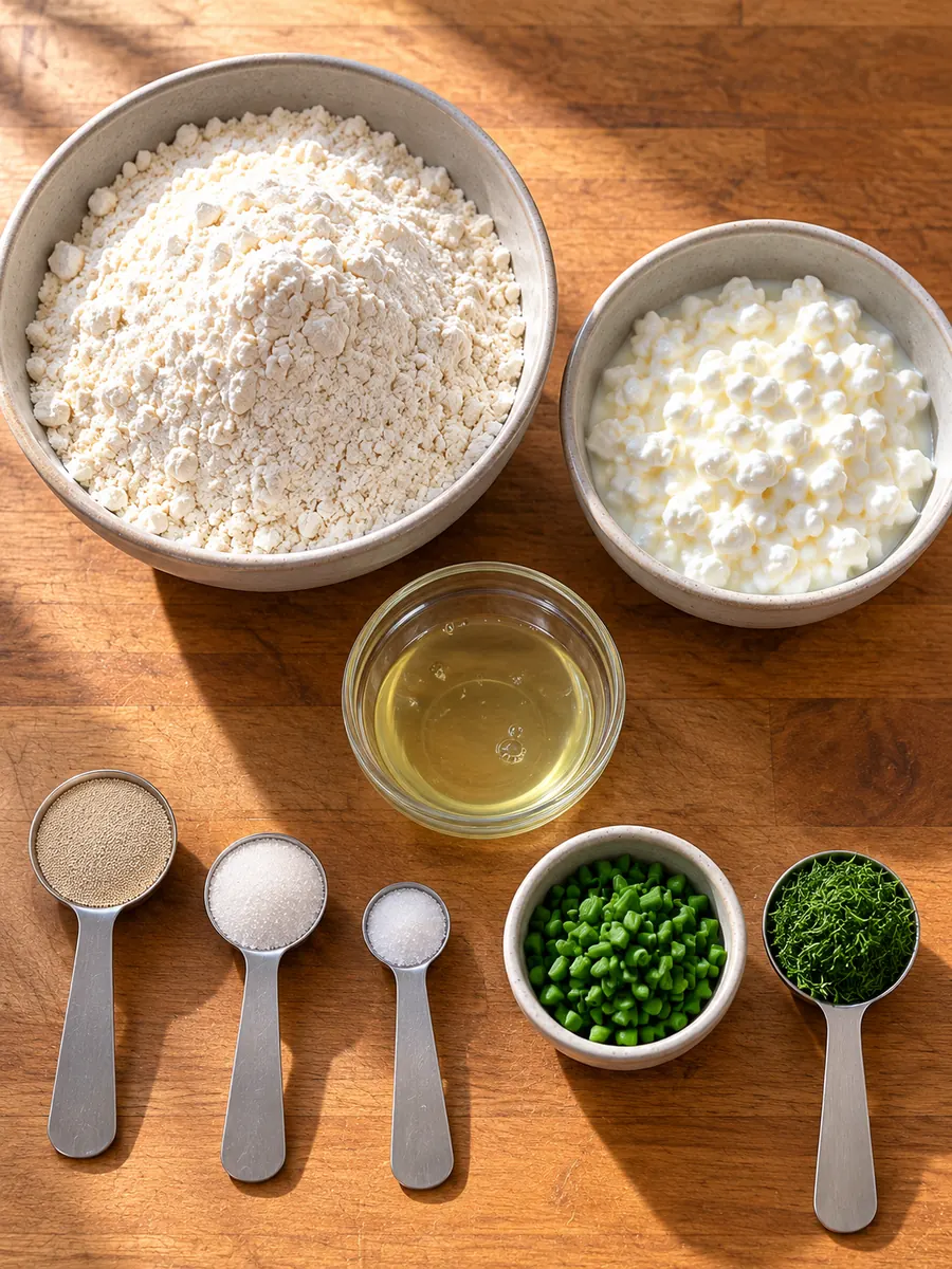 Ingredients for high-protein cottage cheese chive dill bagel bread